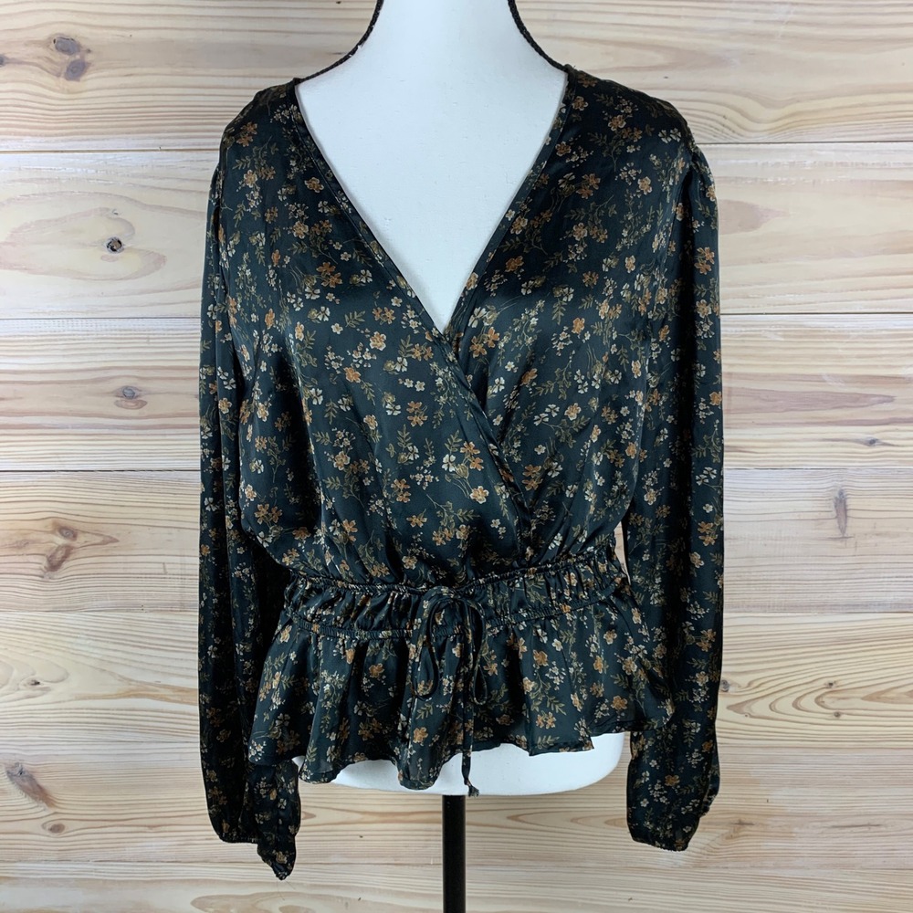 London Rose Blouse Womens XL Green Floral Satin Wrap Peplum Long Sleeve Top